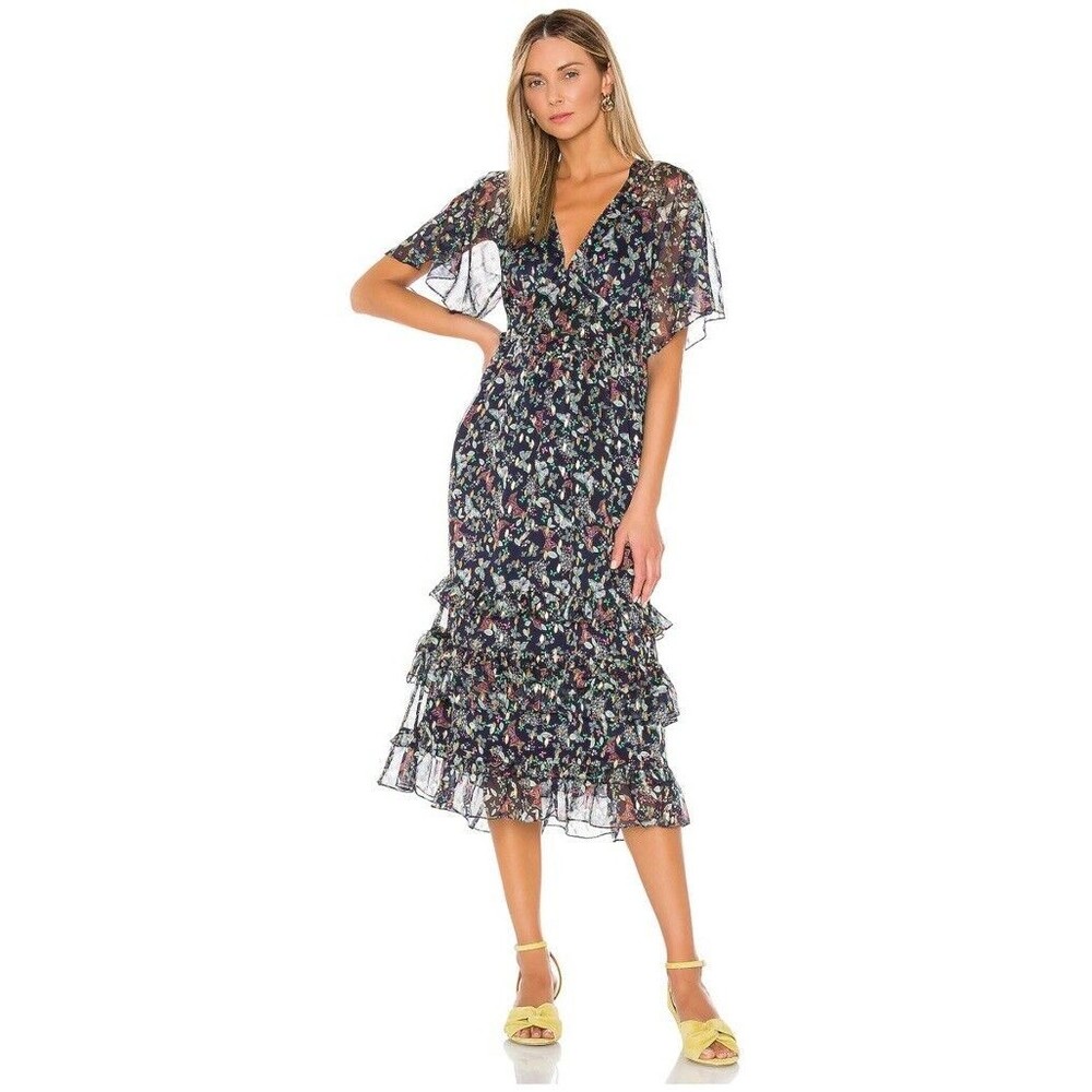 Tularosa Black Floral Midi Dress with Ruffle Tiers